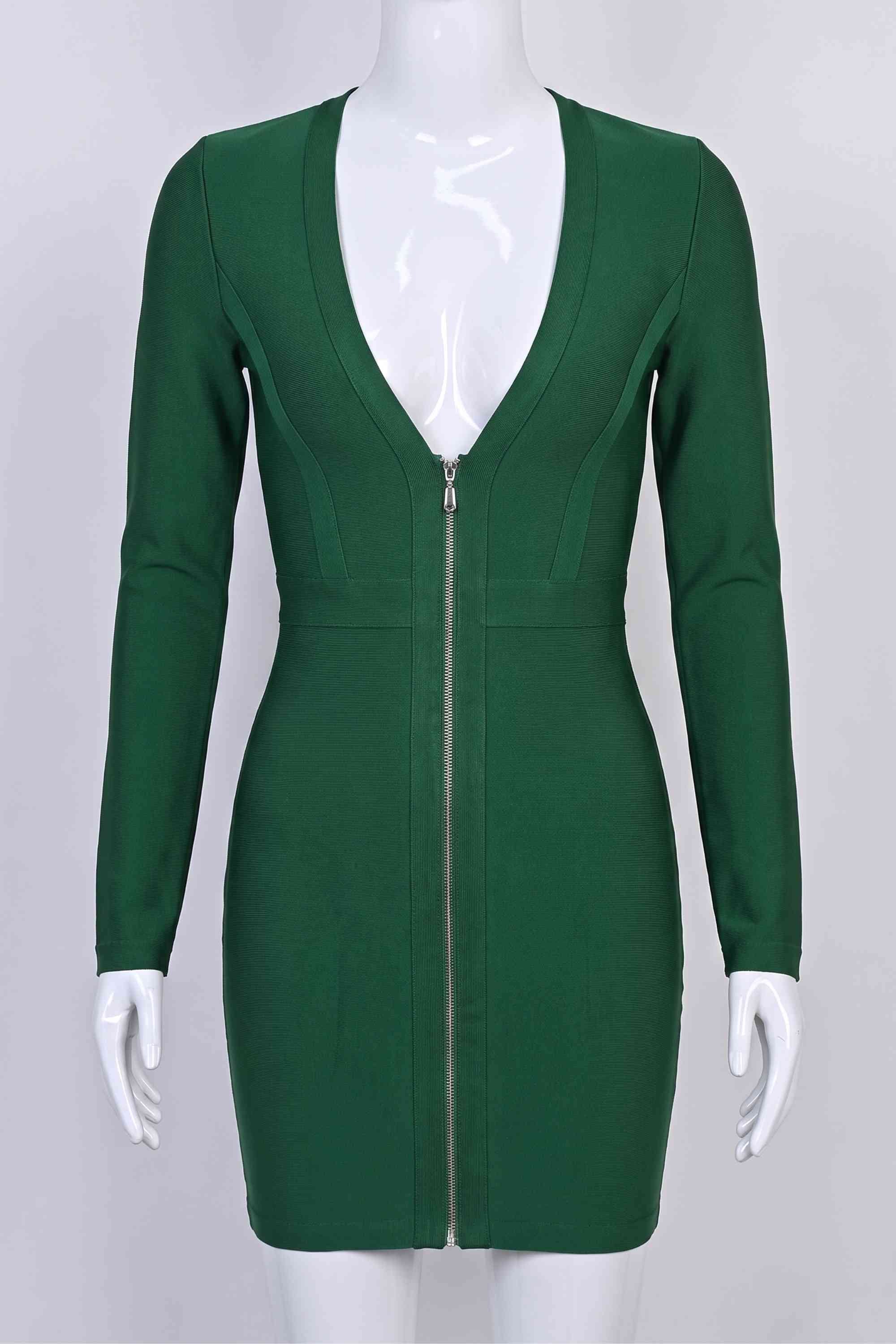 Woman wearing a figure flattering  Eva Long Sleeve Bandage Mini Dress - Emerald Green BODYCON COLLECTION