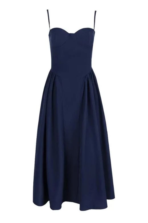 Woman wearing a figure flattering  Everly Bodycon Day Midi Dress - Navy Blue BODYCON COLLECTION