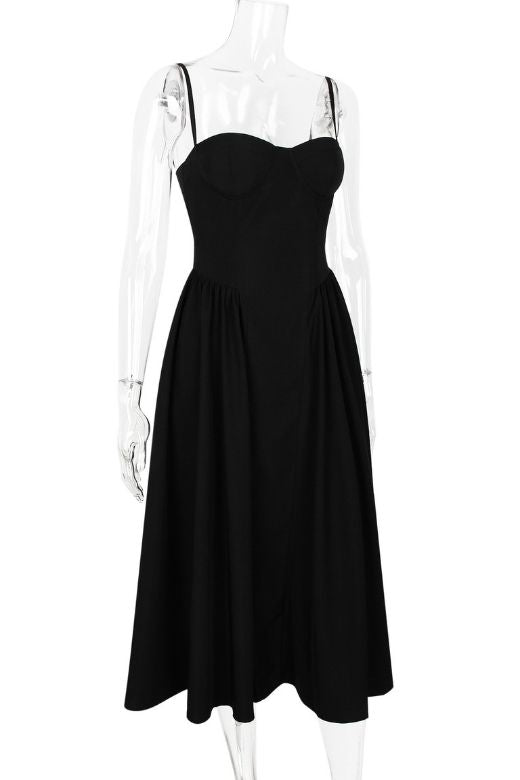 Woman wearing a figure flattering  Everly Day Midi Dress - Classic Black BODYCON COLLECTION