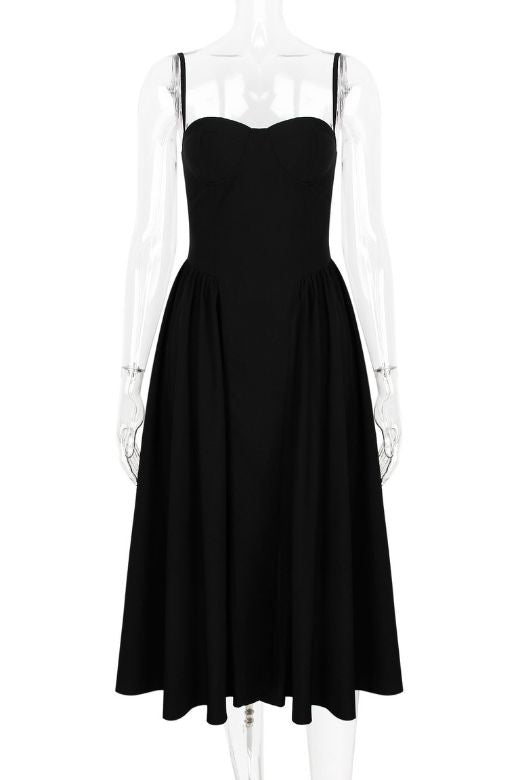Woman wearing a figure flattering  Everly Day Midi Dress - Classic Black BODYCON COLLECTION