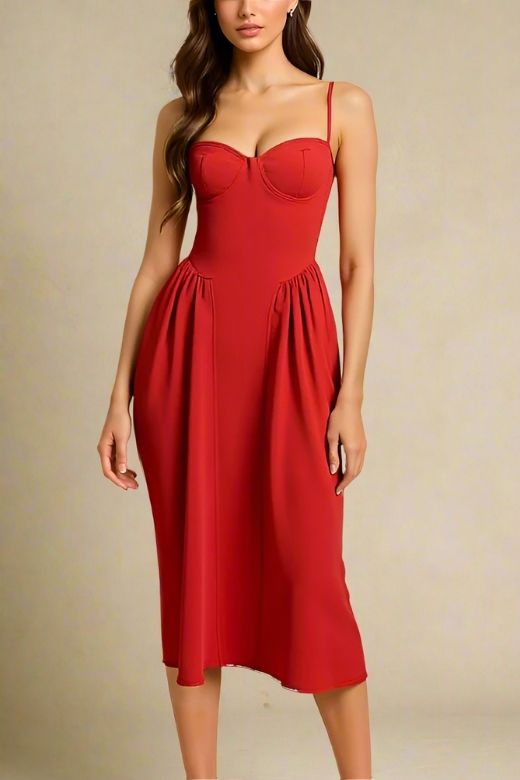 Woman wearing a figure flattering  Everly Midi Dress - Lipstick Red BODYCON COLLECTION