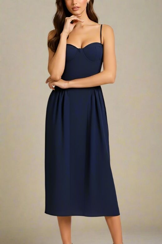 Woman wearing a figure flattering  Everly Midi Dress - Navy Blue BODYCON COLLECTION