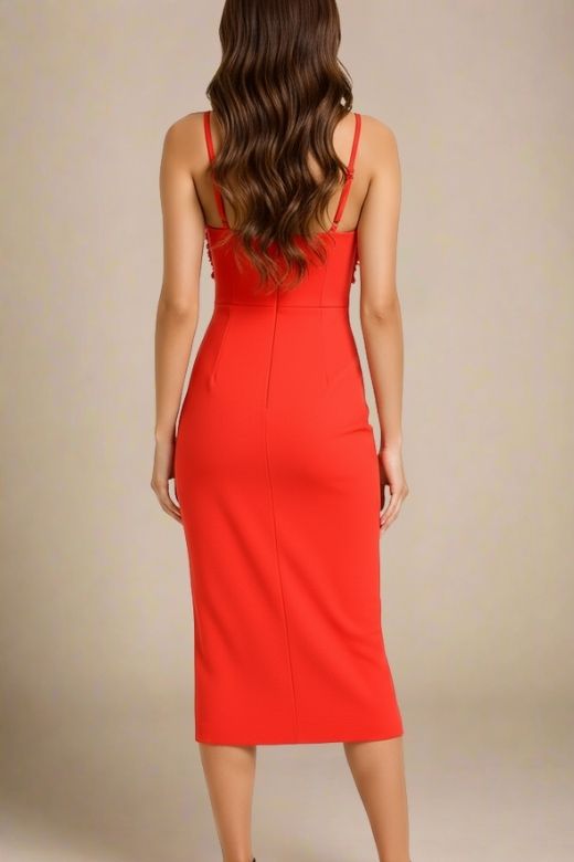 Woman wearing a figure flattering  Faye Bandage Midi Dress - Lipstick Red BODYCON COLLECTION