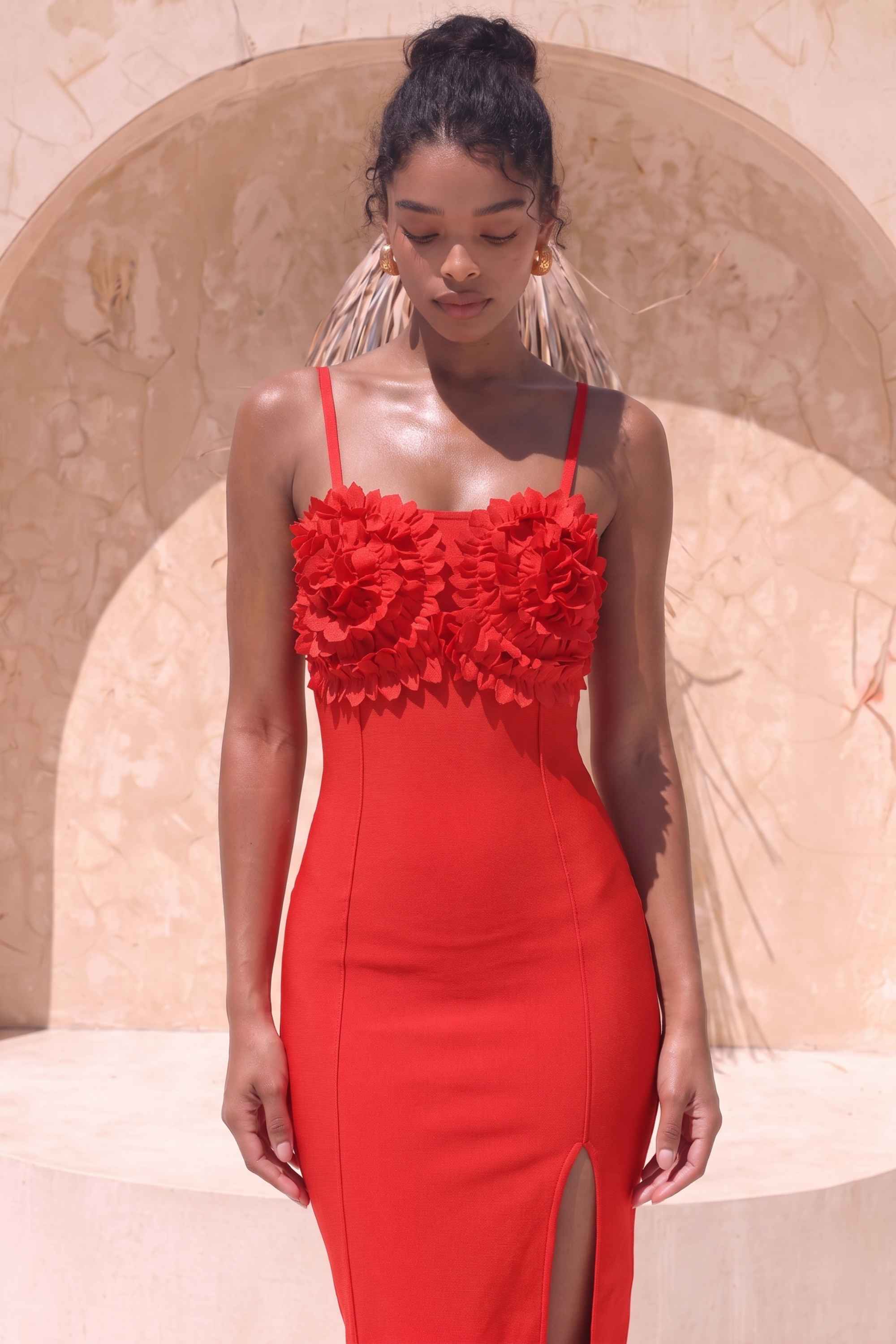Woman wearing a figure flattering  Faye Bandage Midi Dress - Lipstick Red BODYCON COLLECTION