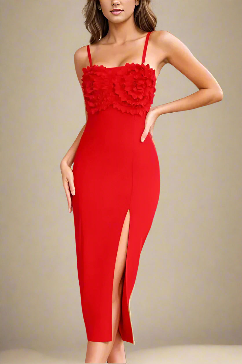 Woman wearing a figure flattering  Faye Bandage Midi Dress - Lipstick Red BODYCON COLLECTION