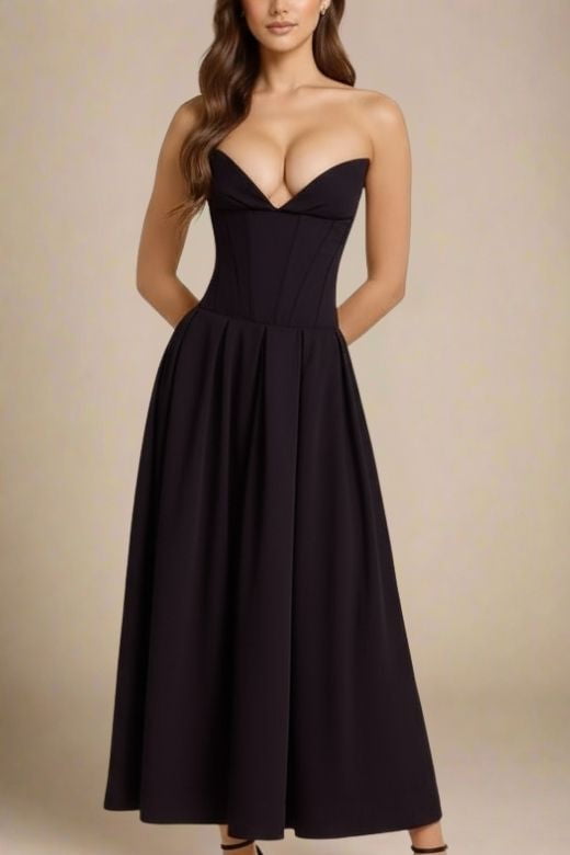 Woman wearing a figure flattering  Gabbi Bodycon Midi Dress - Classic Black BODYCON COLLECTION