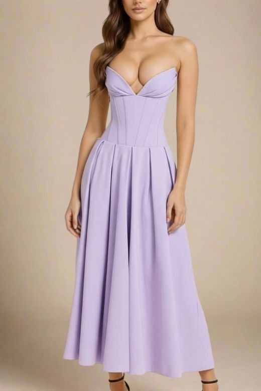 Woman wearing a figure flattering  Gabbi Bodycon Midi Dress - Lavender Purple BODYCON COLLECTION