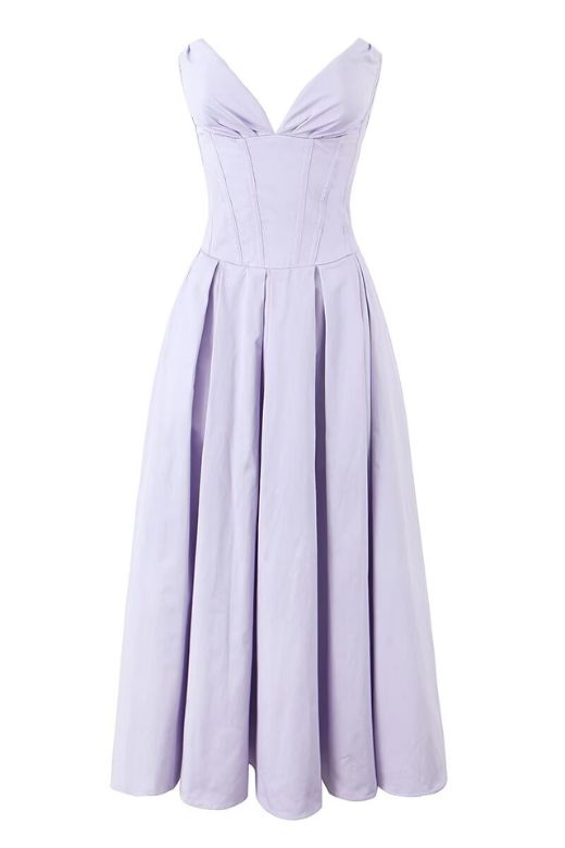 Woman wearing a figure flattering  Gabbi Bodycon Midi Dress - Lavender Purple BODYCON COLLECTION