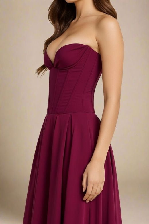 Woman wearing a figure flattering  Gabbi Bodycon Midi Dress - Red Wine BODYCON COLLECTION