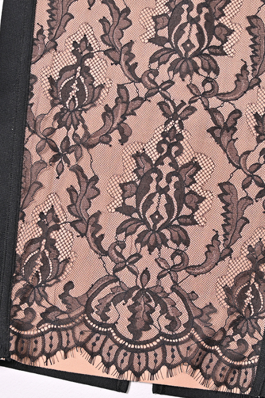 Woman wearing a figure flattering  Genevieve Bodycon Lace Midi Dress - Classic Black BODYCON COLLECTION