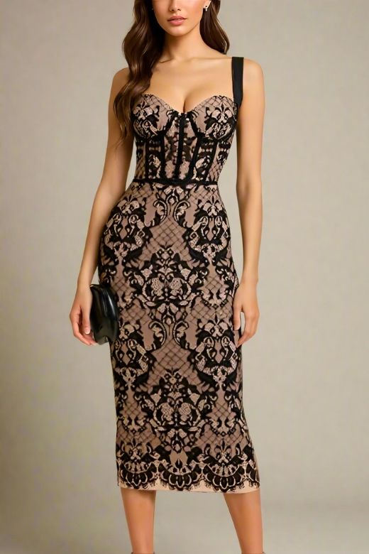 Woman wearing a figure flattering  Genevieve Bodycon Lace Midi Dress - Classic Black BODYCON COLLECTION
