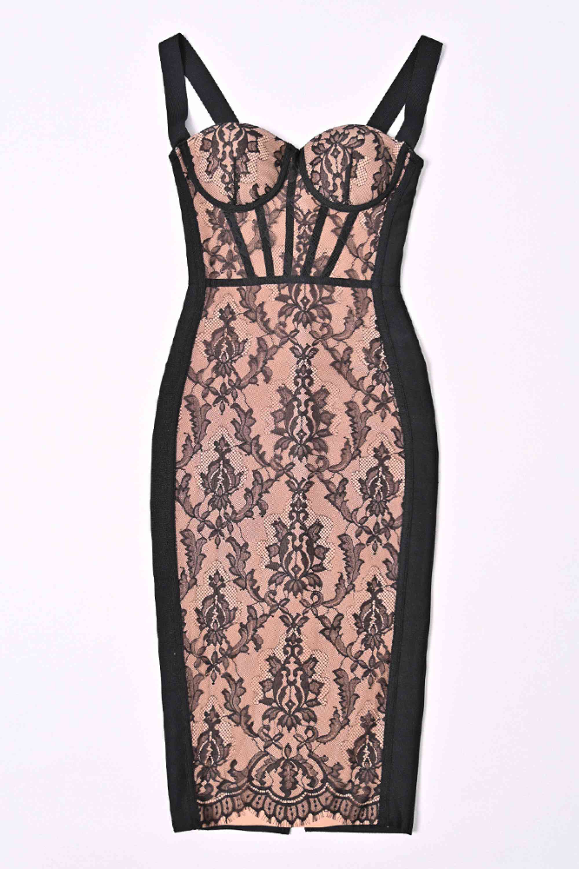 Woman wearing a figure flattering  Genevieve Bodycon Lace Midi Dress - Classic Black BODYCON COLLECTION