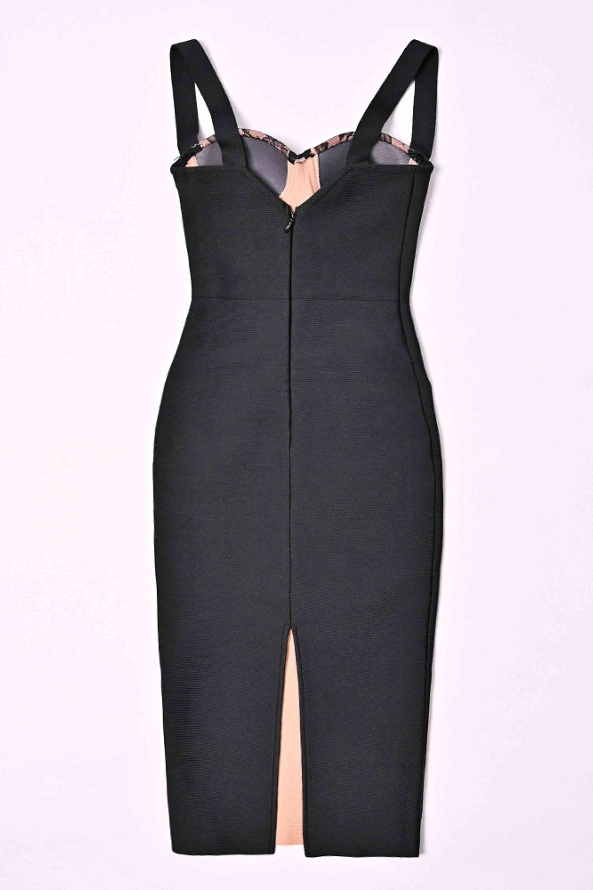 Woman wearing a figure flattering  Genevieve Bodycon Lace Midi Dress - Classic Black BODYCON COLLECTION