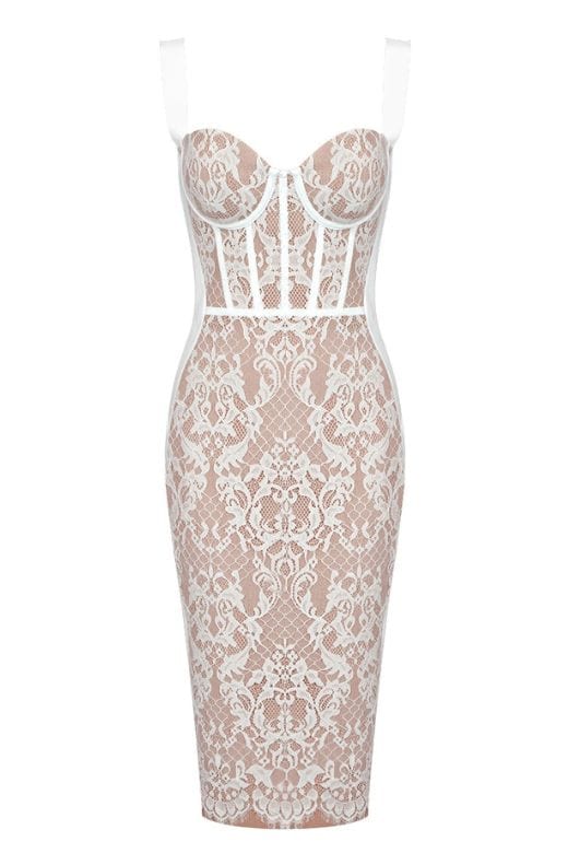 Woman wearing a figure flattering  Genevieve Bodycon Lace Midi Dress - Pearl White BODYCON COLLECTION