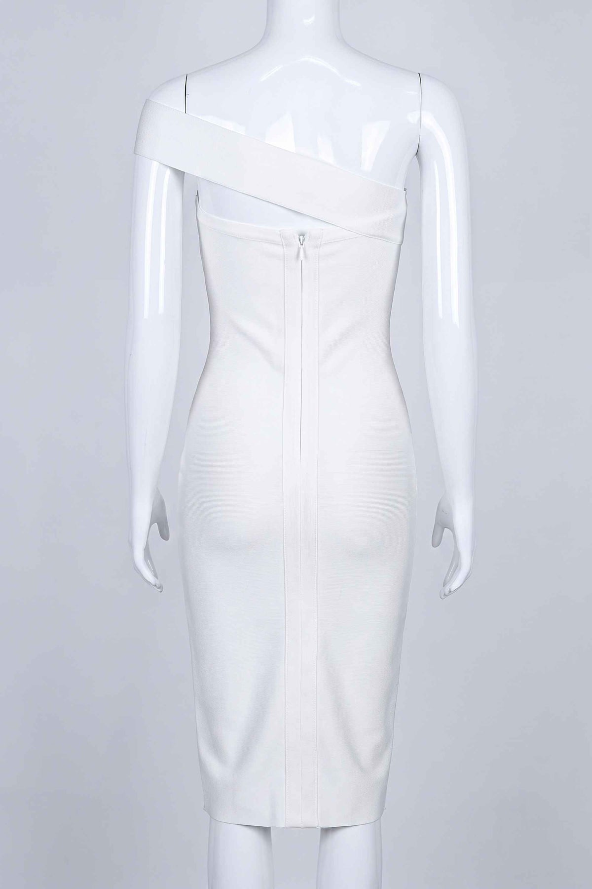 Woman wearing a figure flattering  Gianna Bandage Dress - Pearl White BODYCON COLLECTION