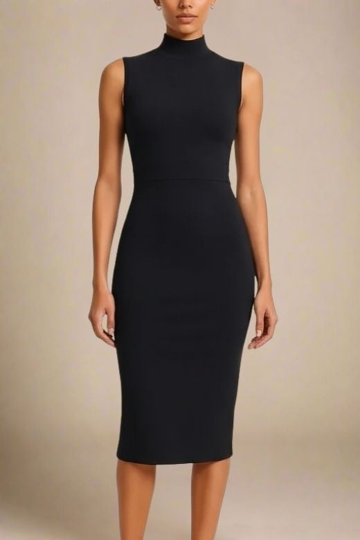 Woman wearing a figure flattering  Grace Bandage Midi Dress - Classic Black Bodycon Collection