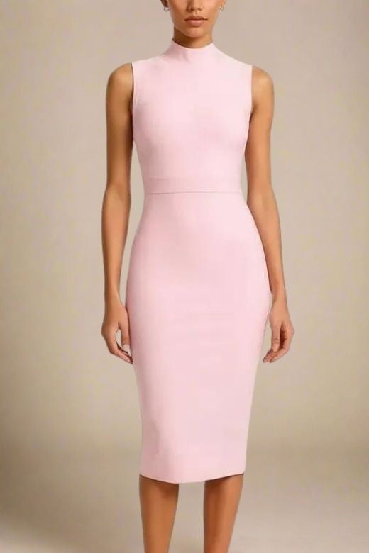 Woman wearing a figure flattering  Grace Bandage Midi Dress - Dusty Pink Bodycon Collection