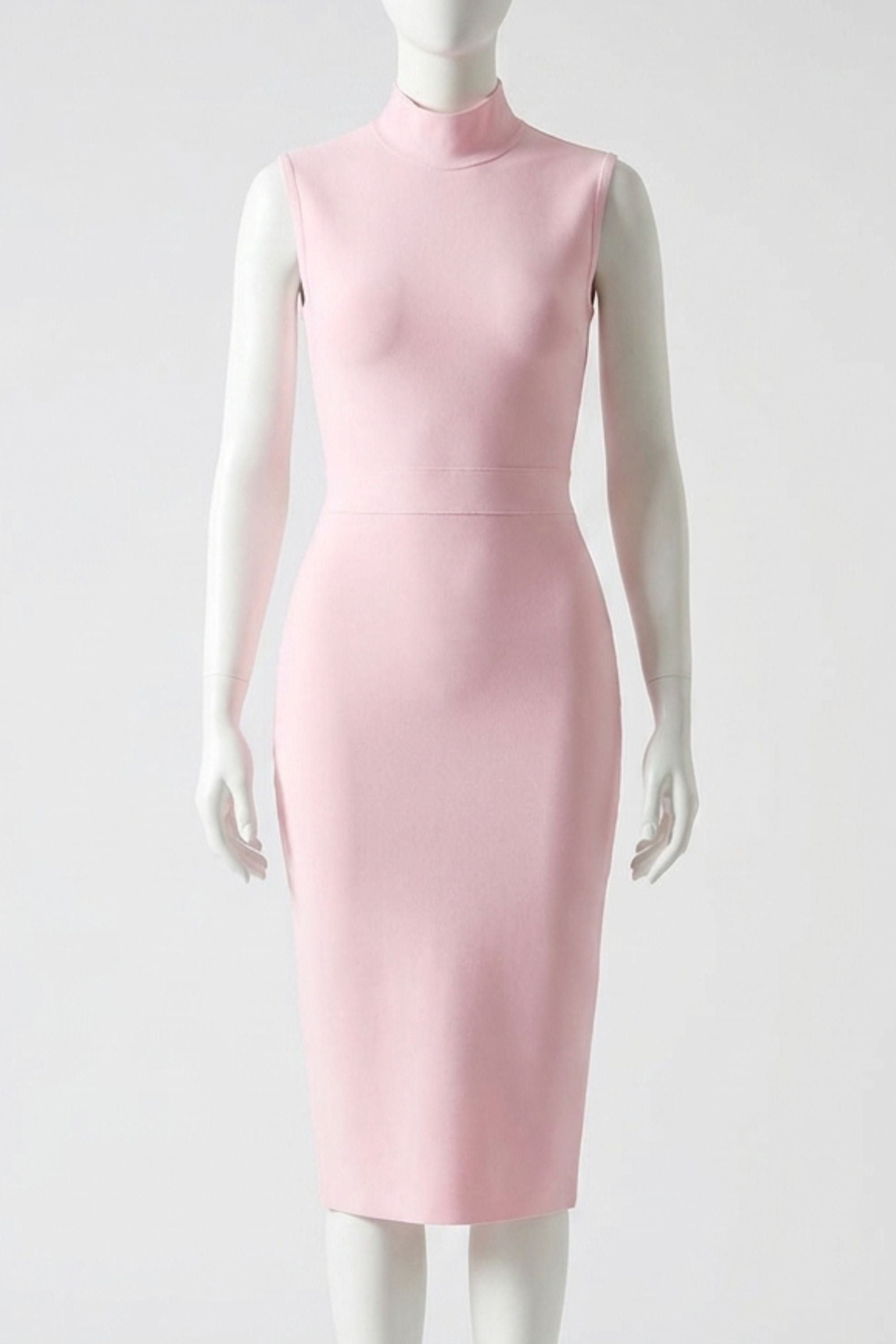 Woman wearing a figure flattering  Grace Bandage Midi Dress - Dusty Pink Bodycon Collection