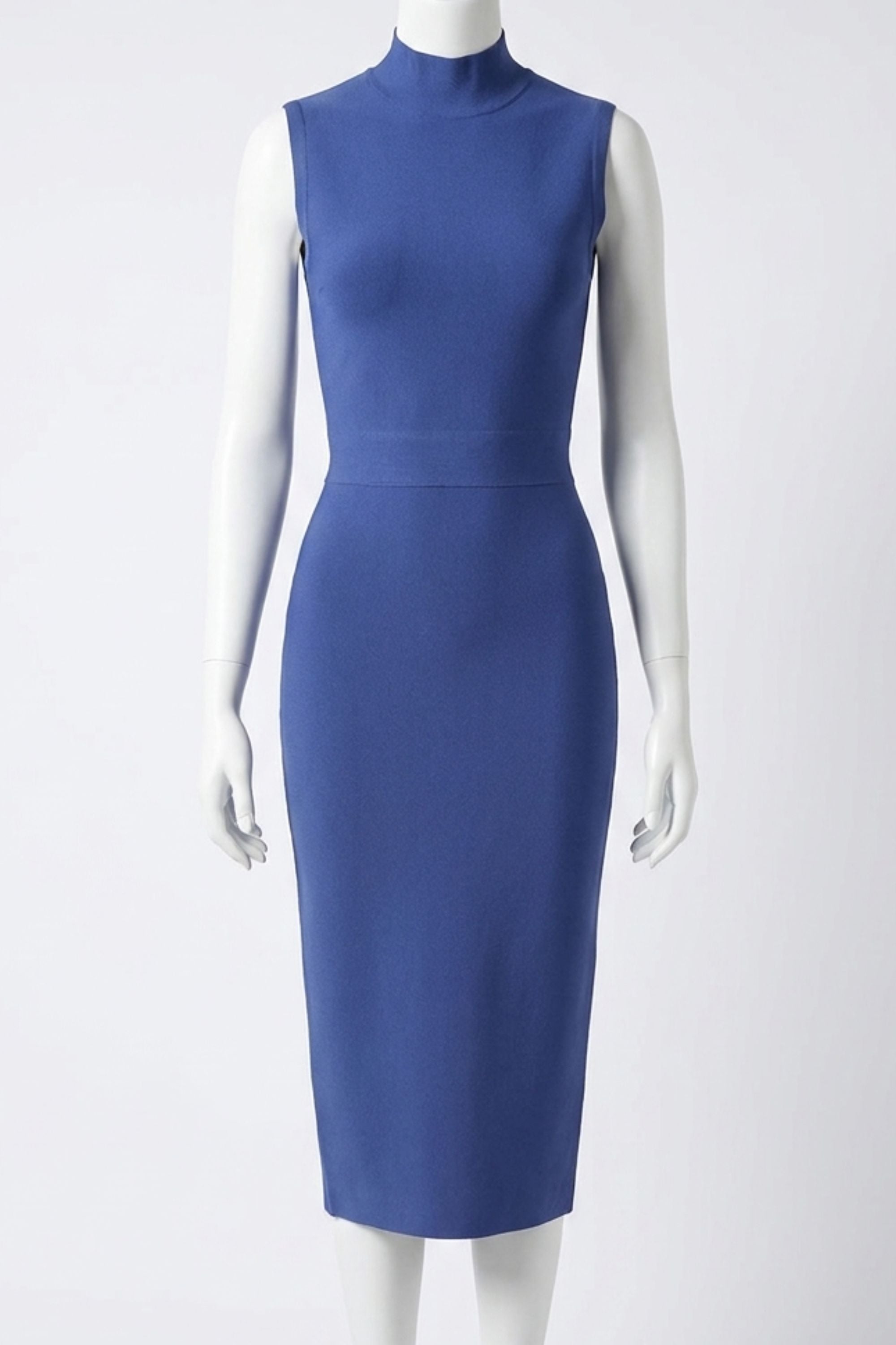 Woman wearing a figure flattering  Grace Bandage Midi Dress - Navy Blue Bodycon Collection