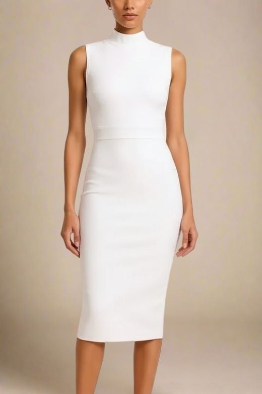 Woman wearing a figure flattering  Grace Bandage Midi Dress - White Pearl Bodycon Collection