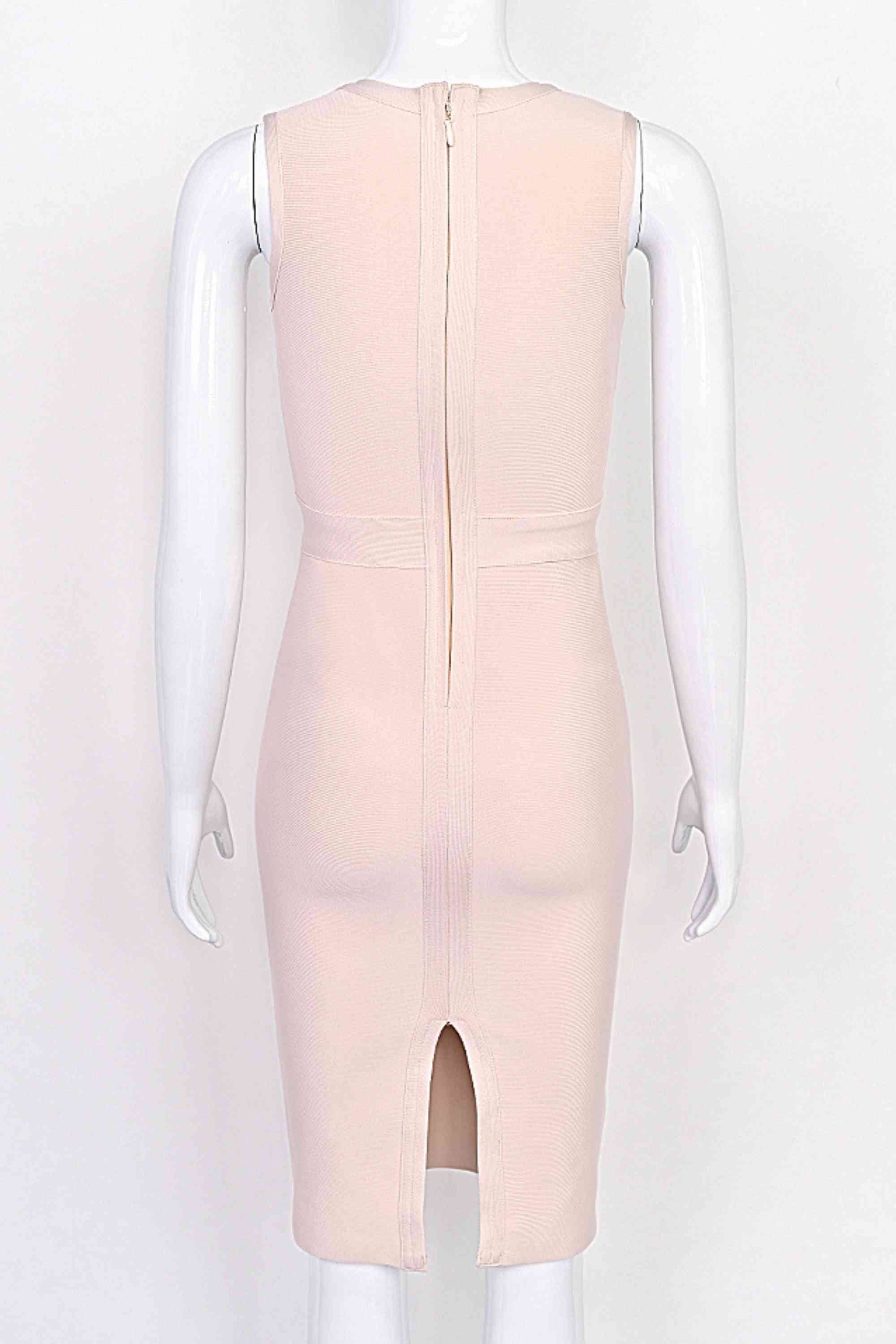 Woman wearing a figure flattering  Gracie Bandage Dress - Cream BODYCON COLLECTION Pty Ltd