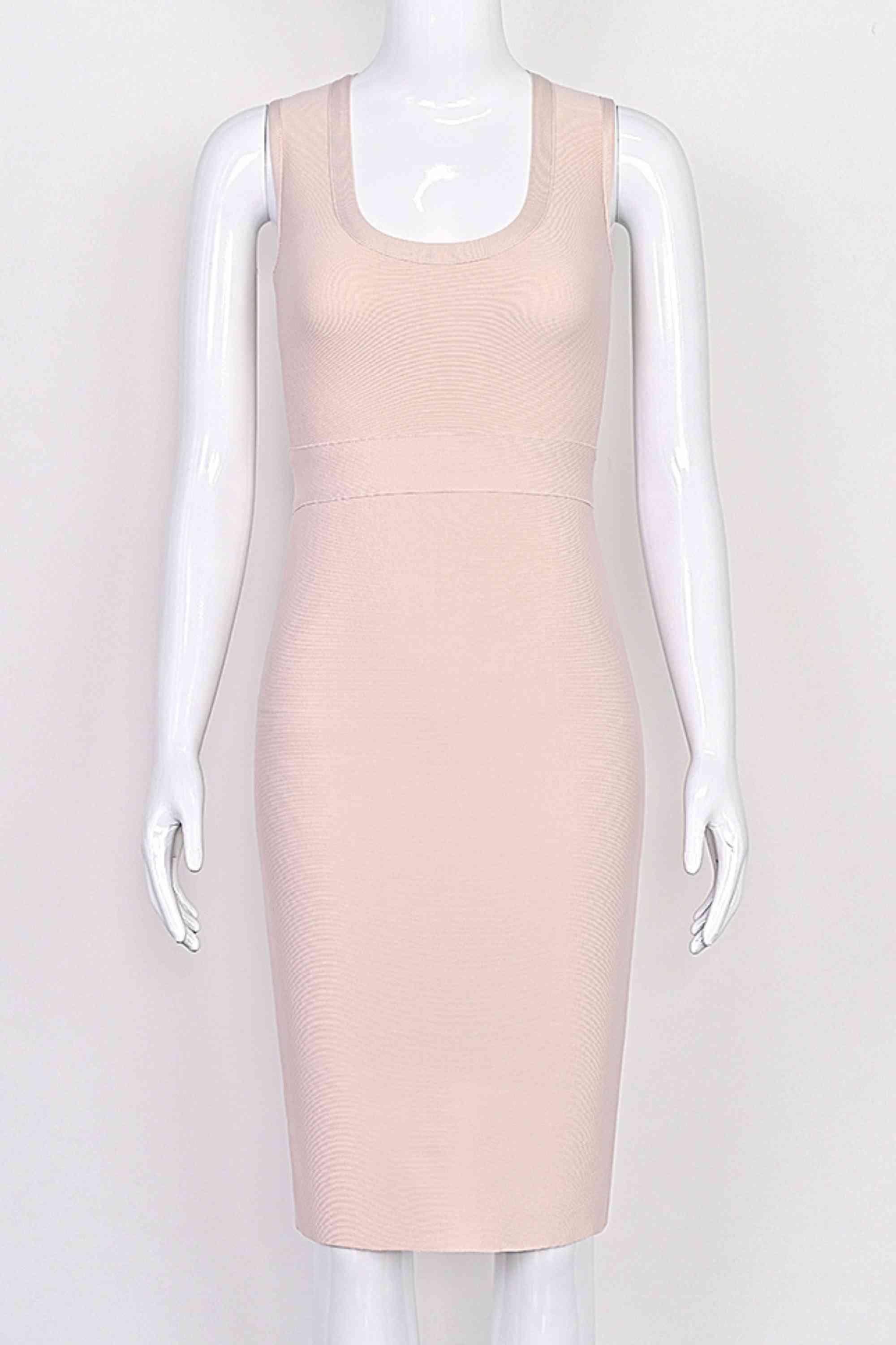 Woman wearing a figure flattering  Gracie Bandage Dress - Cream BODYCON COLLECTION Pty Ltd