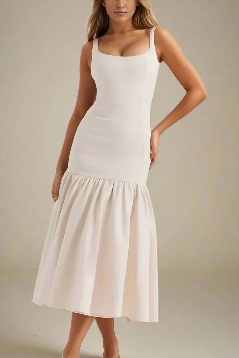 Woman wearing a figure flattering  Harriet Bodycon Midi Dress - Pearl White BODYCON COLLECTION