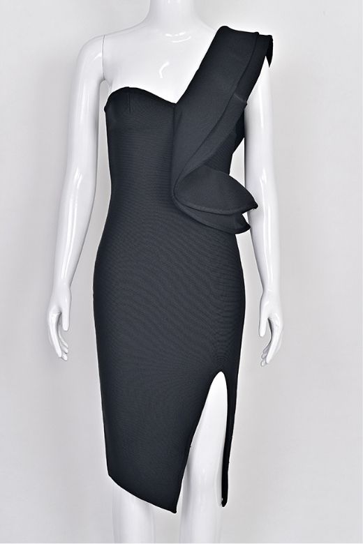 Woman wearing a figure flattering  Hayley Bodycon Dress - Classic Black Bodycon Collection