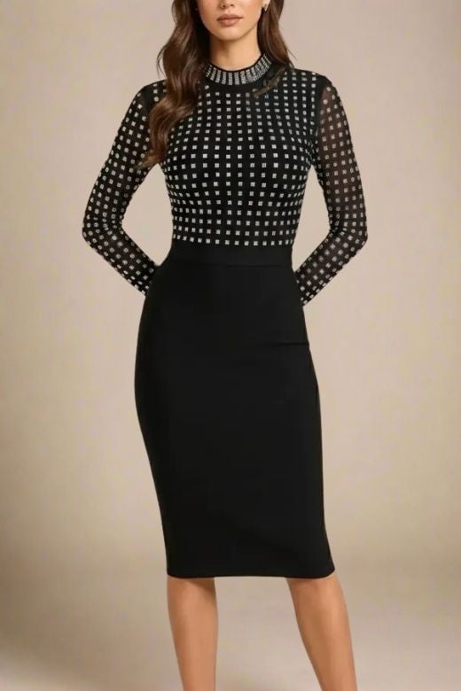 Woman wearing a figure flattering  Hazel Long Sleeve Bodycon Dress - Classic Black BODYCON COLLECTION Pty Ltd