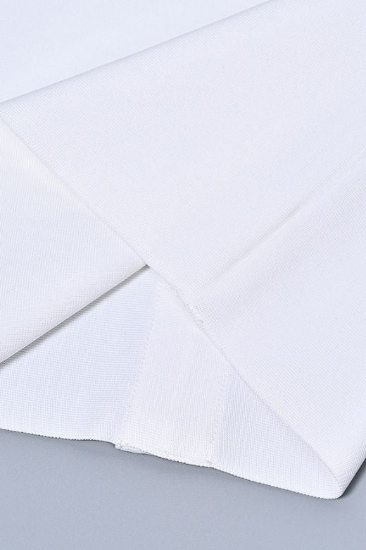 Woman wearing a figure flattering  Hazel Long Sleeve Bodycon Dress - White Pearl BODYCON COLLECTION Pty Ltd