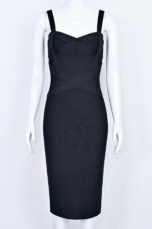 Woman wearing a figure flattering  Heidi Bandage Midi Dress - Classic Black Bodycon Collection