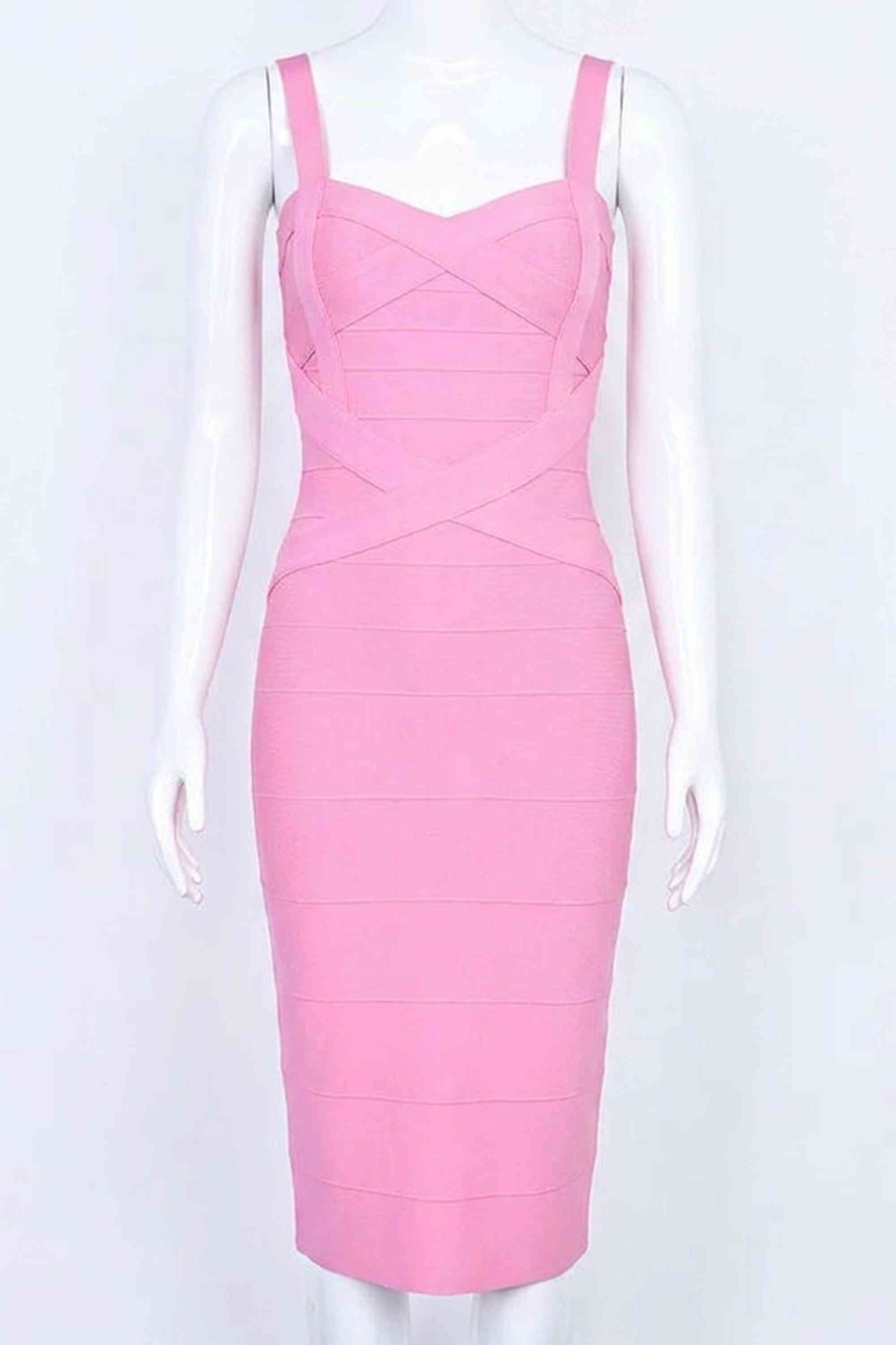 Woman wearing a figure flattering  Heidi Bandage Midi Dress - Dusty Pink Bodycon Collection
