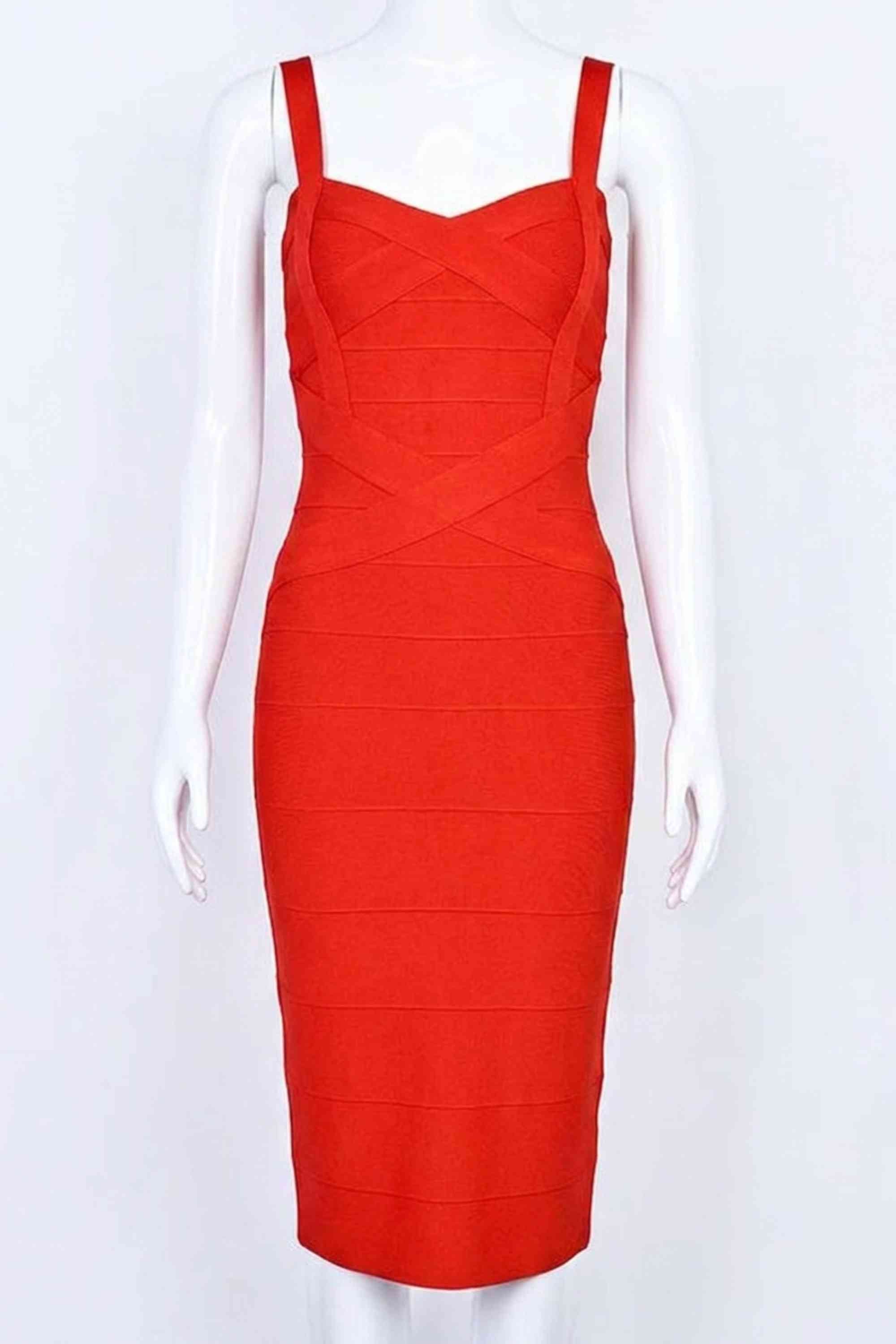 Woman wearing a figure flattering  Heidi Bandage Midi Dress - Lipstick Red Bodycon Collection