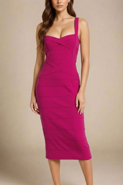 Woman wearing a figure flattering  Heidi Bandage Midi Dress - Magenta Pink Bodycon Collection
