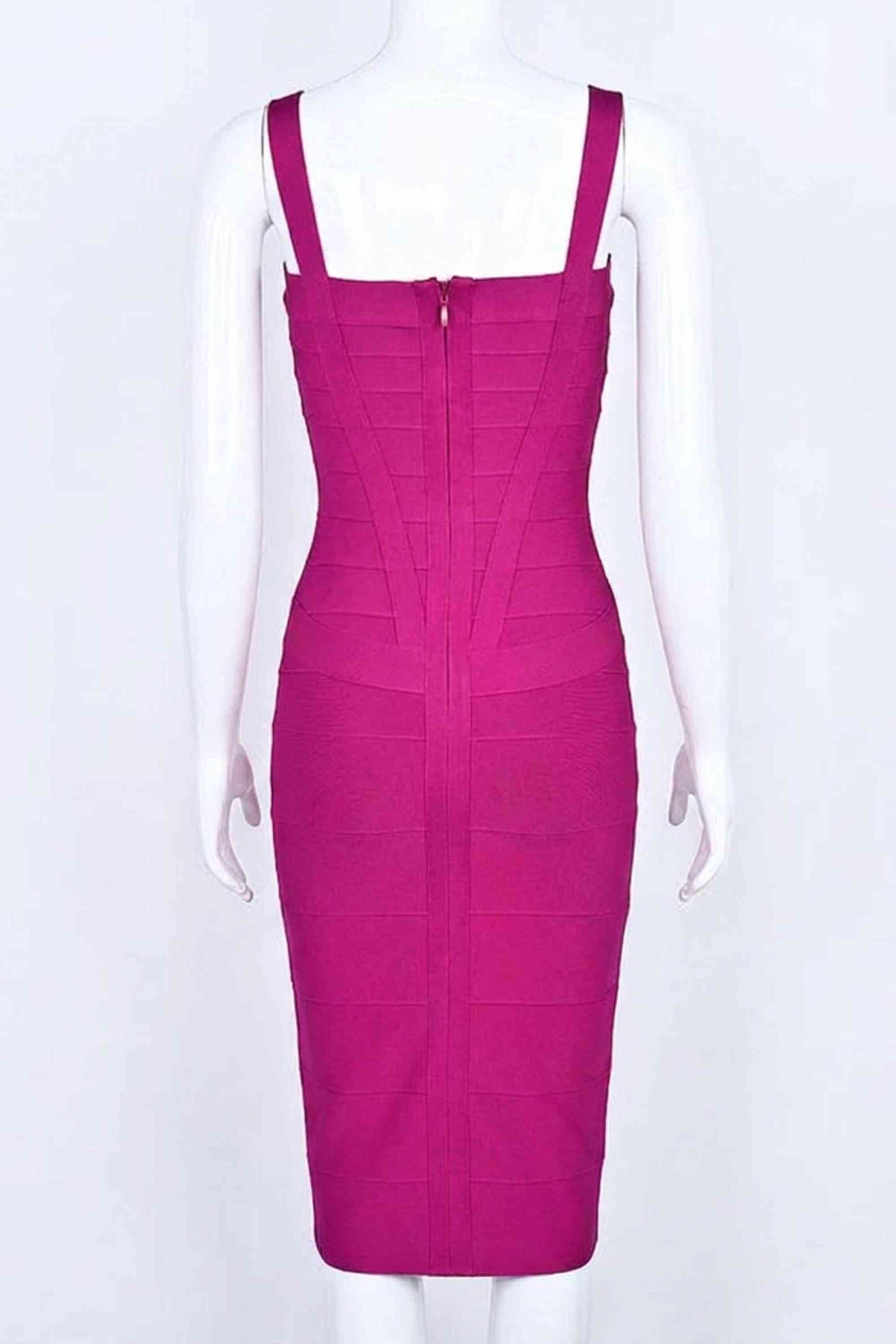 Woman wearing a figure flattering  Heidi Bandage Midi Dress - Magenta Pink Bodycon Collection