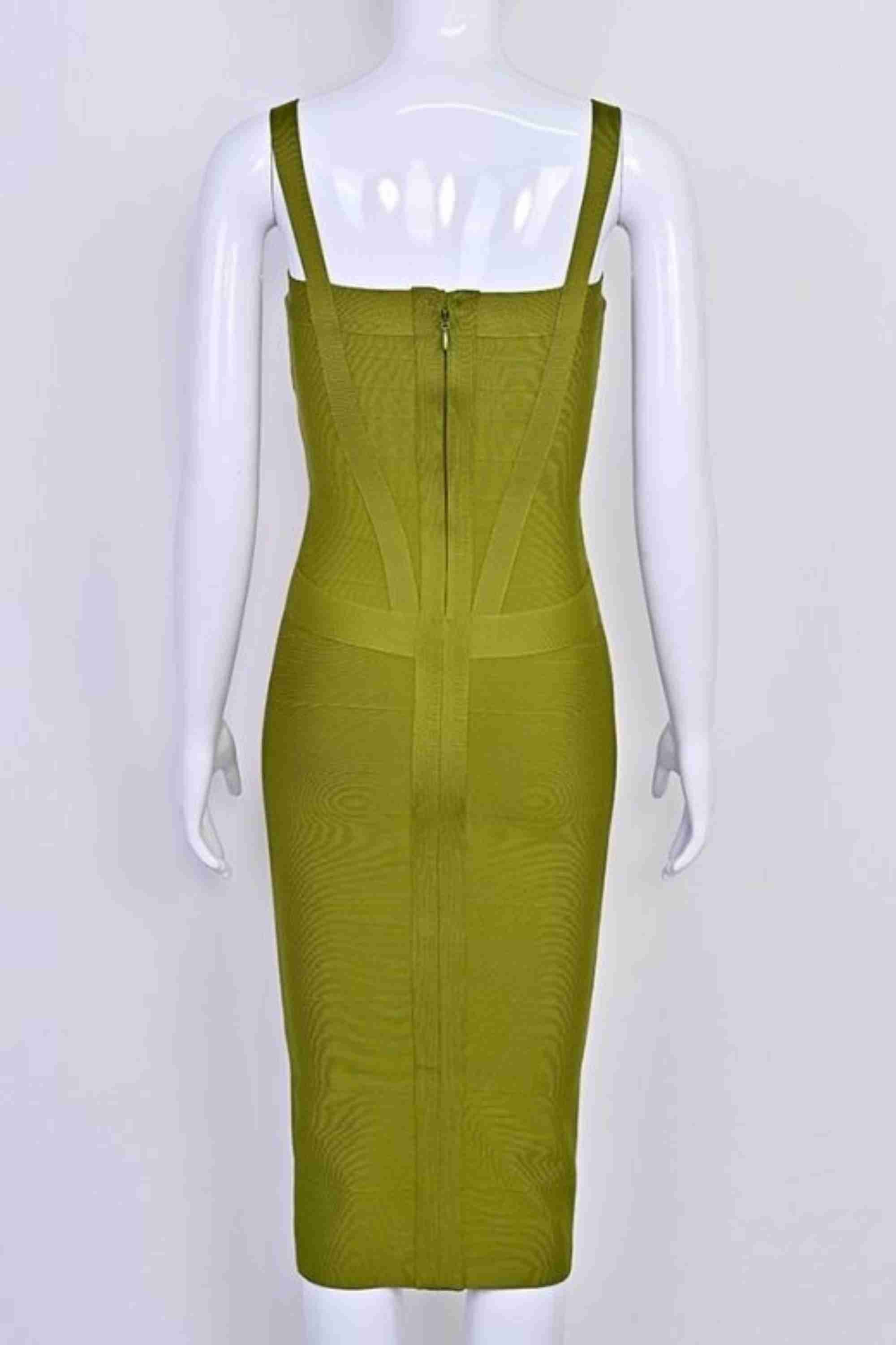 Woman wearing a figure flattering  Heidi Bandage Midi Dress - Olive Green Bodycon Collection