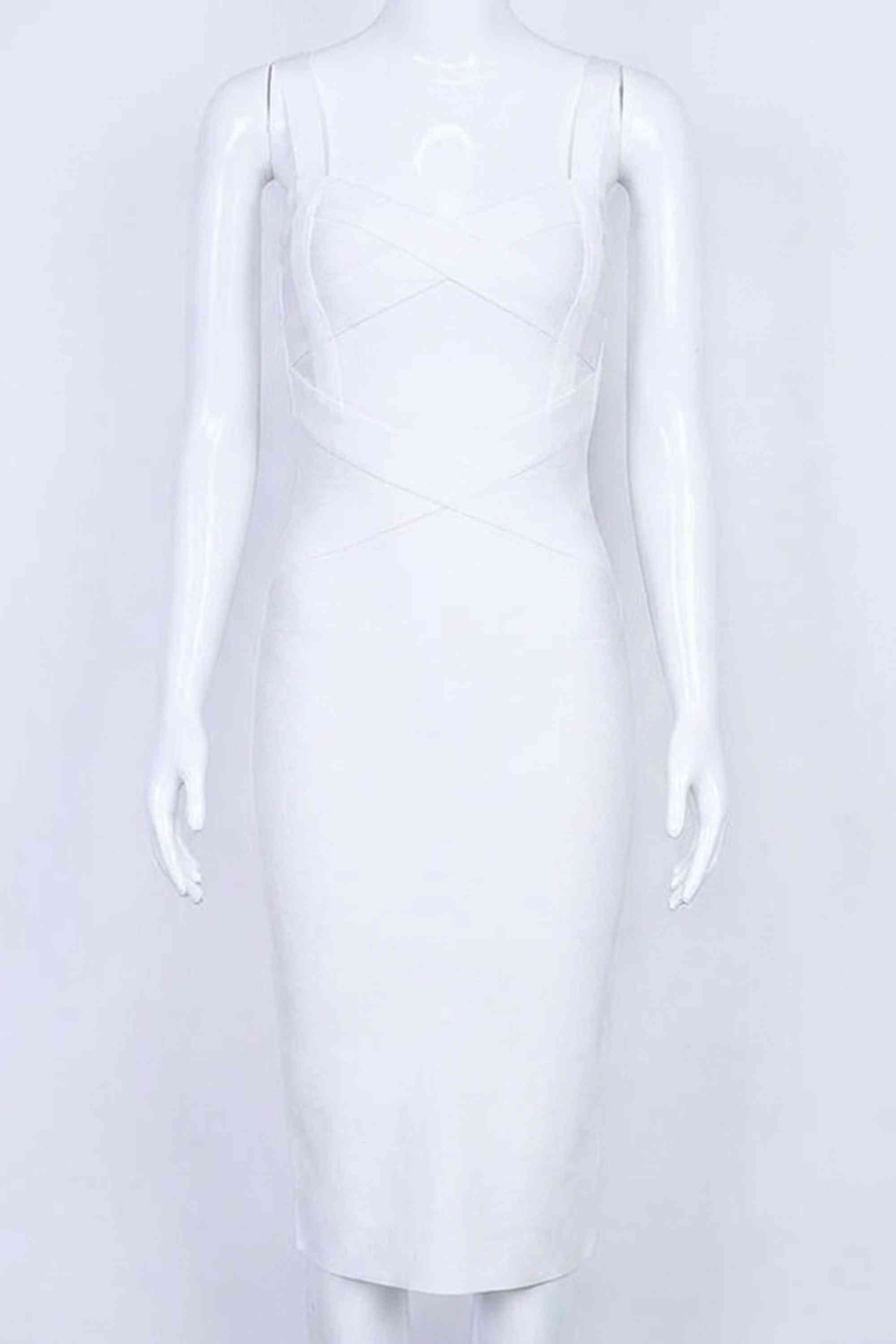 Woman wearing a figure flattering  Heidi Bandage Midi Dress - Pearl White Bodycon Collection