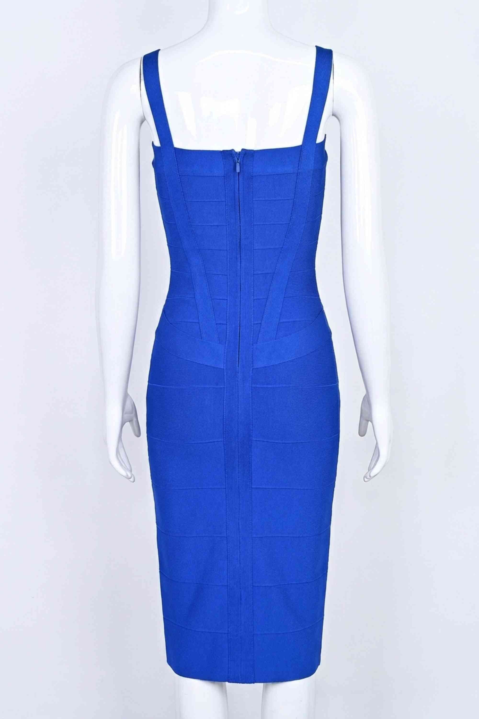 Woman wearing a figure flattering  Heidi Bandage Midi Dress - Royal Blue Bodycon Collection