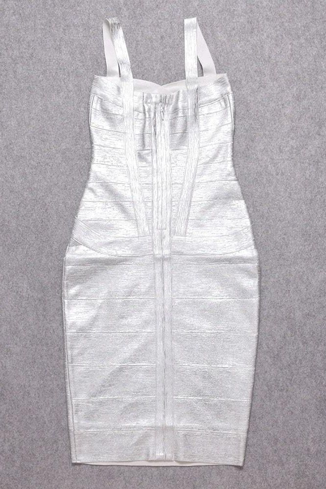 Woman wearing a figure flattering  Heidi Bandage Midi Dress - Silver BODYCON COLLECTION