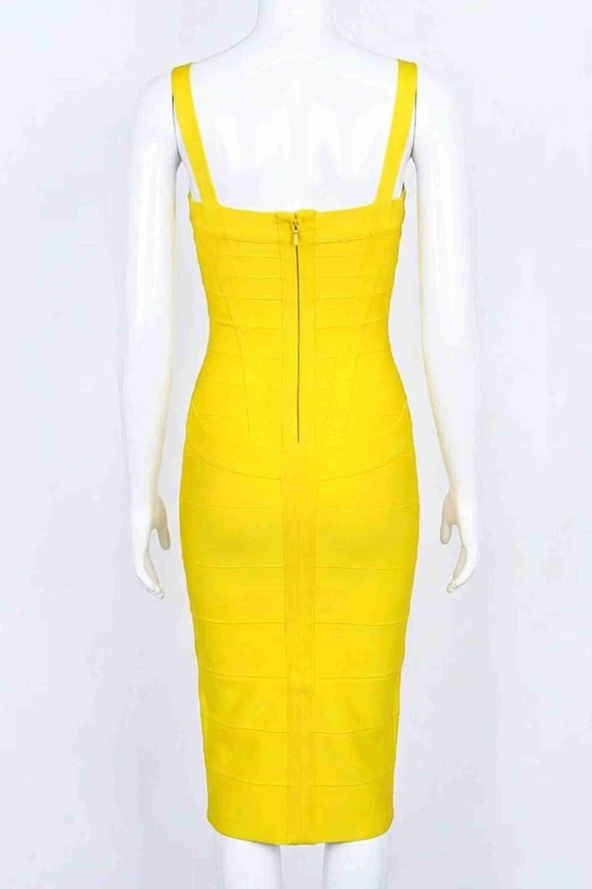 Woman wearing a figure flattering  Heidi Bandage Midi Dress - Sun Yellow Bodycon Collection