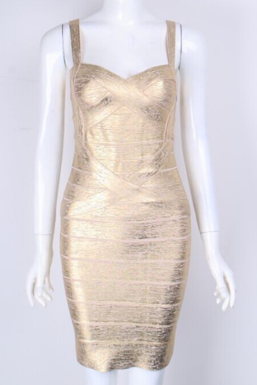 Woman wearing a figure flattering  Heidi Bandage Mini Dress - Gold Bodycon Collection