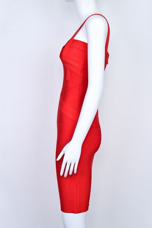 Woman wearing a figure flattering  Heidi Bandage Mini Dress - Lipstick Red Bodycon Collection