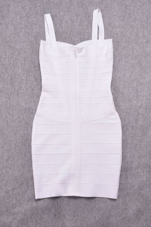 Woman wearing a figure flattering  Heidi Bandage Mini Dress - Pearl White Bodycon Collection