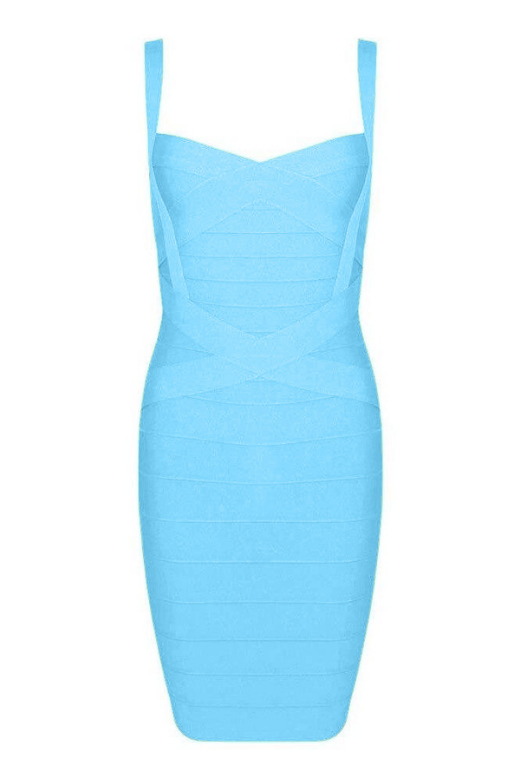 Woman wearing a figure flattering  Heidi Bandage Mini Dress - Sky Blue Bodycon Collection