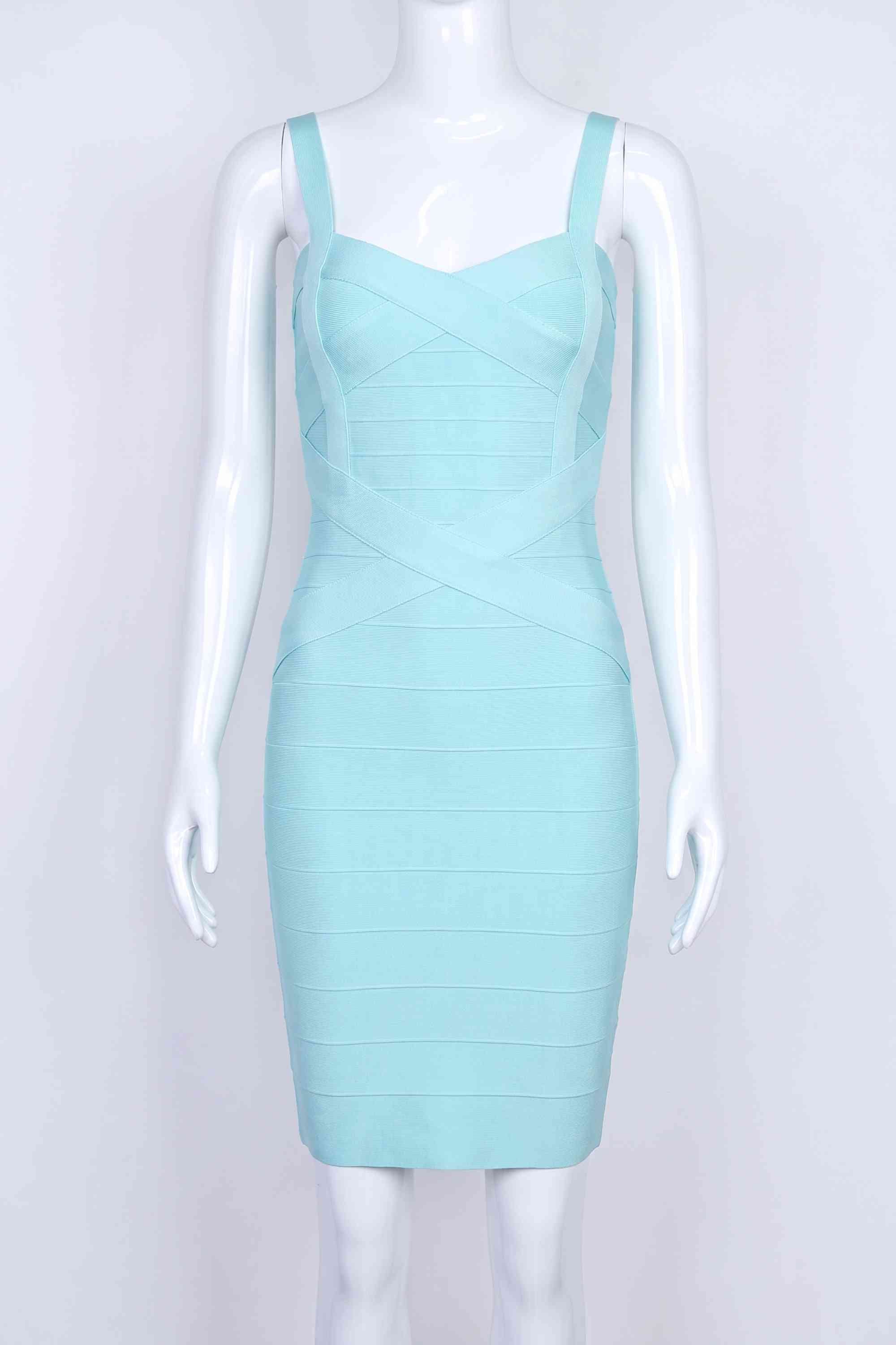 Woman wearing a figure flattering  Heidi Bandage Mini Dress - Sky Blue Bodycon Collection
