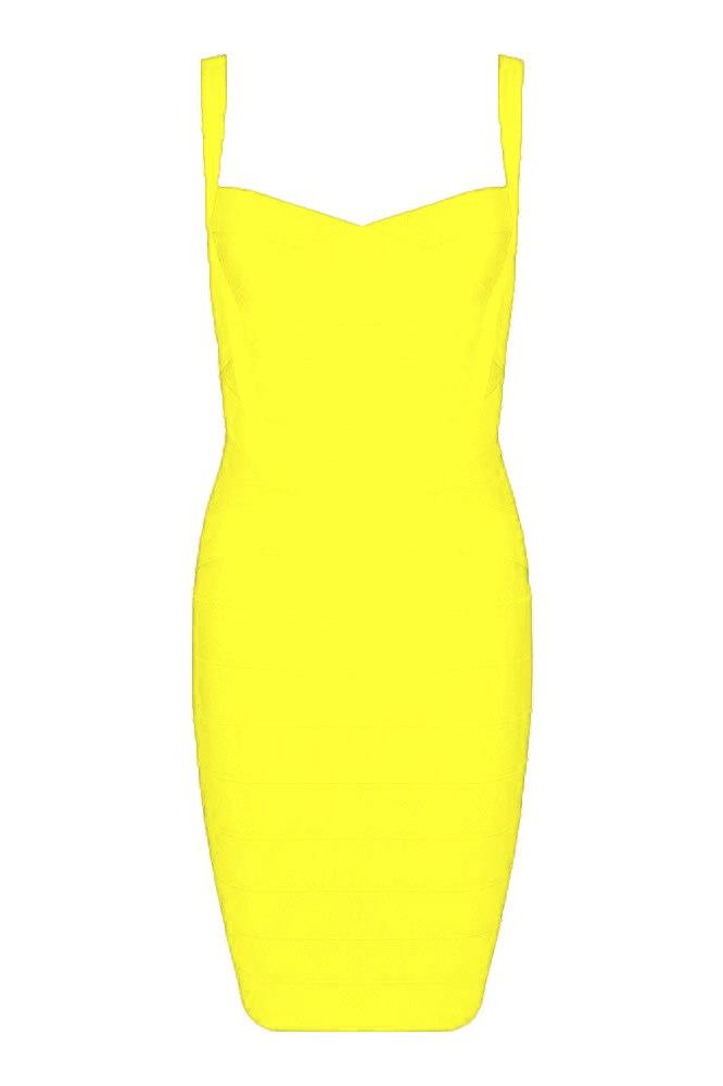 Woman wearing a figure flattering  Heidi Bandage Mini Dress - Sun Yellow Bodycon Collection
