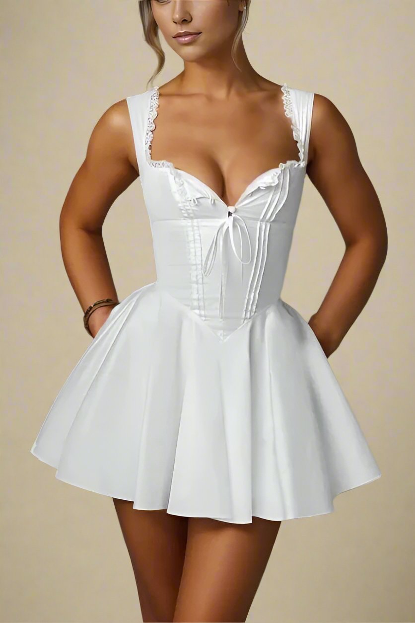 Woman wearing a figure flattering  Adelyn Bodycon Mini Dress - Pearl White BODYCON COLLECTION