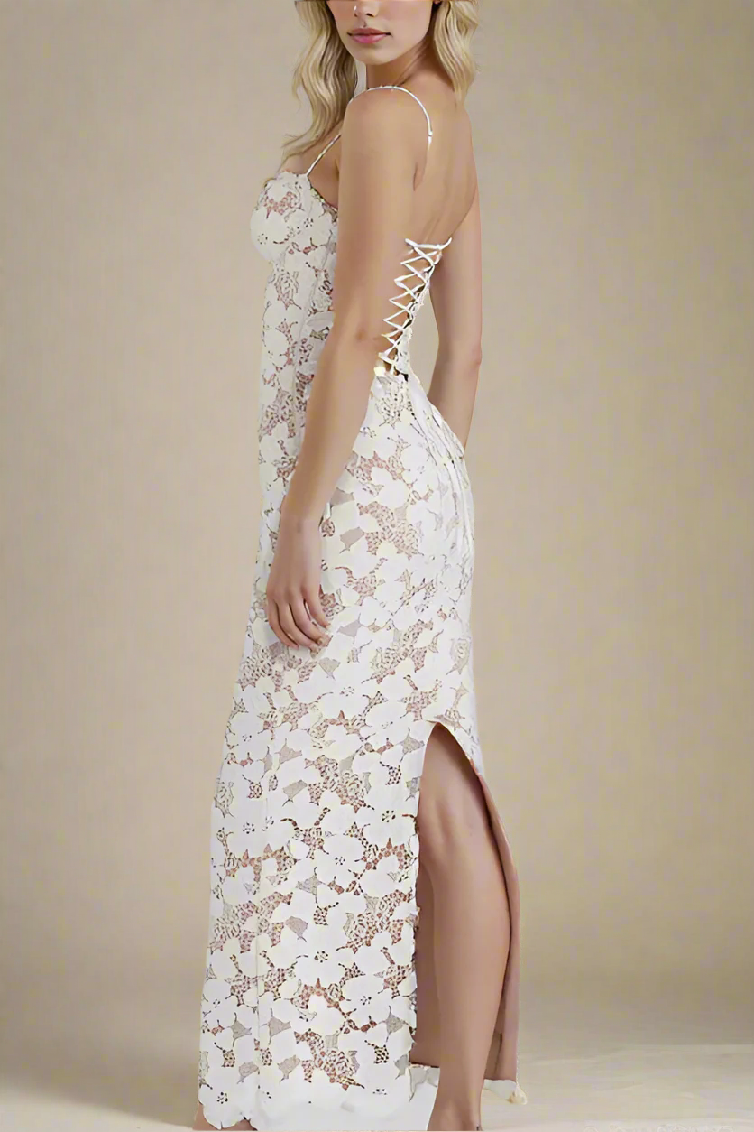 Woman wearing a figure flattering  Honor Bodycon Maxi Dress - White Pearl BODYCON COLLECTION