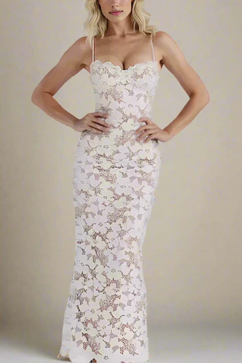 Woman wearing a figure flattering  Honor Bodycon Maxi Dress - White Pearl BODYCON COLLECTION