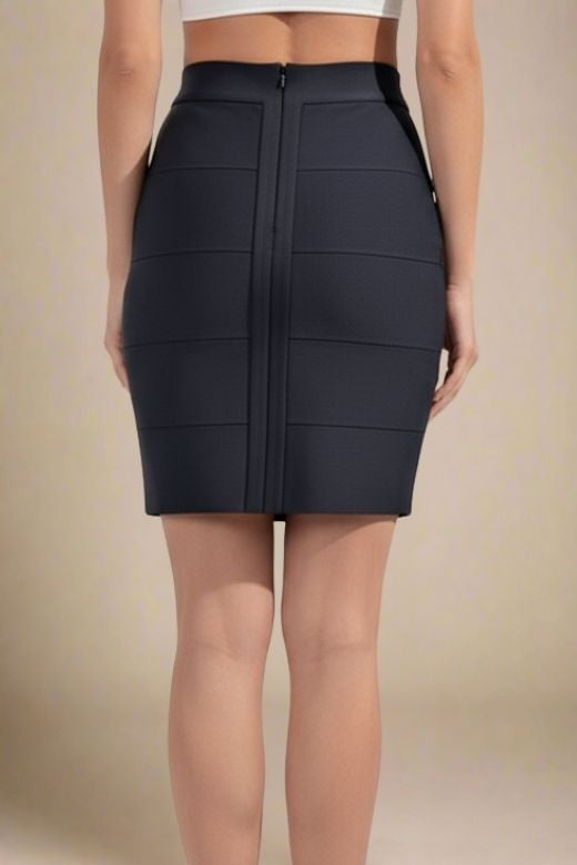 Woman wearing a figure flattering  High Waist Bandage Mini Skirt - Classic Black BODYCON COLLECTION